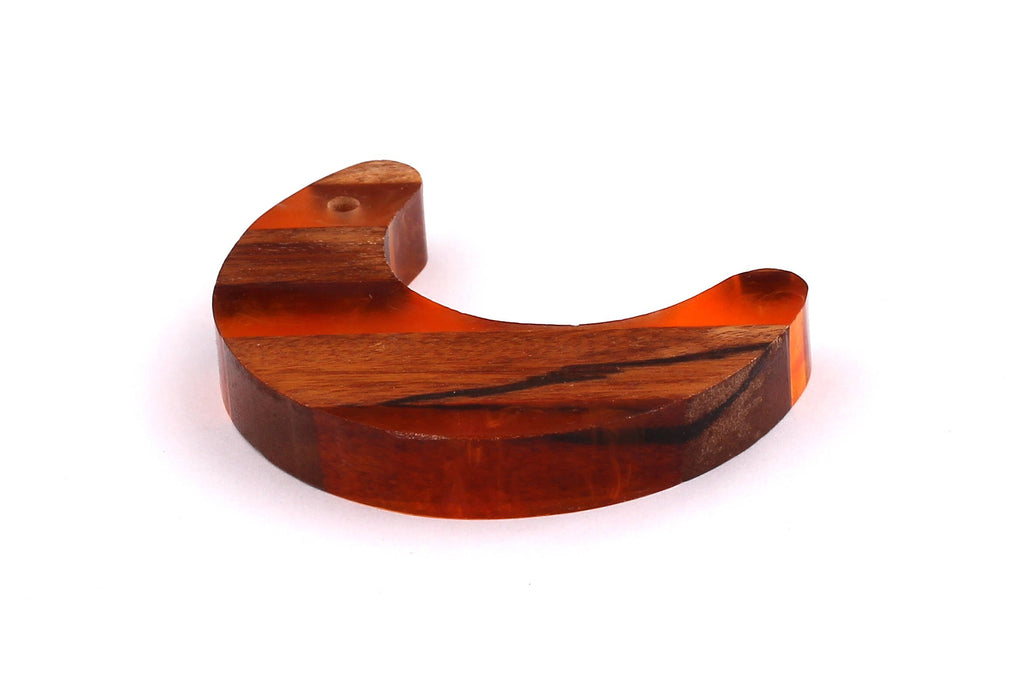 Wood Resin Pendant - Natural Mahogany Wooden Charms - Orange Epoxy Resin Necklace - Crescent Shaped - Wooden Beads - 60X22x9mm - BB1031O - DOMEDBAZAAR