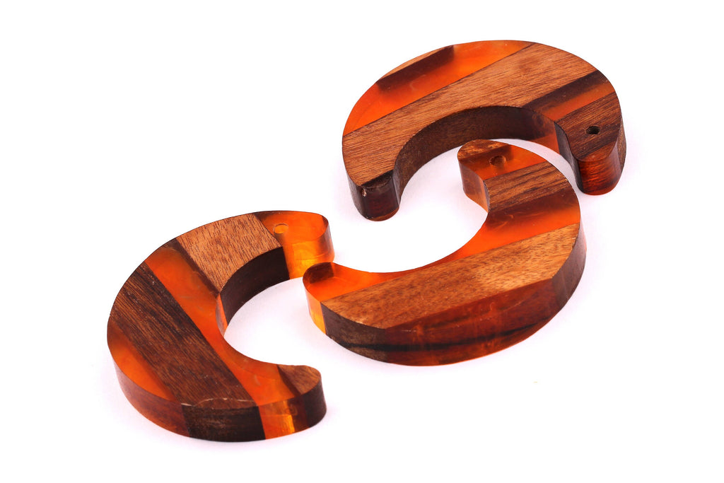 Wood Resin Pendant - Natural Mahogany Wooden Charms - Orange Epoxy Resin Necklace - Crescent Shaped - Wooden Beads - 60X22x9mm - BB1031O - DOMEDBAZAAR