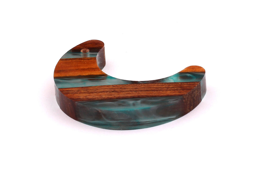 Wood Resin Pendant - Natural Mahogany Wooden Charms - Turquoise Epoxy Resin Necklace - Crescent Shaped - Wooden Beads - 60X23x10m - BB1031T - DOMEDBAZAAR