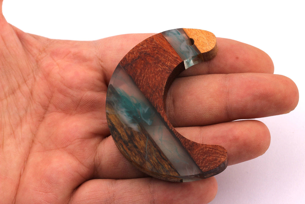 Wood Resin Pendant - Natural Mahogany Wooden Charms - Turquoise Epoxy Resin Necklace - Crescent Shaped - Wooden Beads - 60X23x10m - BB1031T - DOMEDBAZAAR