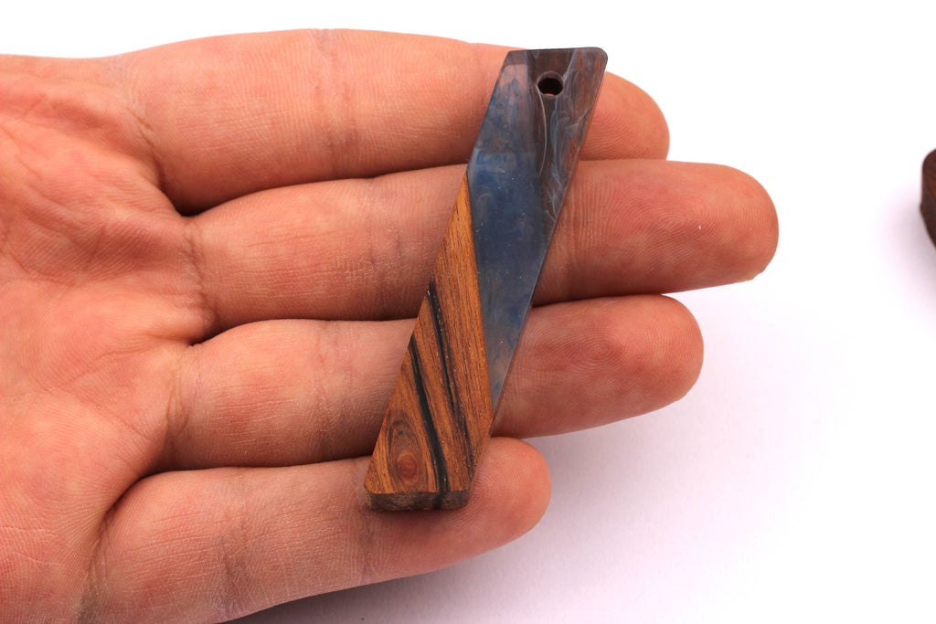 Wood Resin Pendant - Natural Mahogany Wooden Charms - Blue Epoxy Resin Necklace - Parallelogram Shaped - Wooden Beads - 63x13x10mm - BB1032B - DOMEDBAZAAR