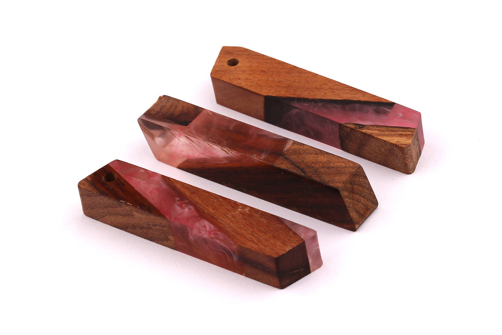 Wood Resin Pendant - Natural Mahogany Wooden Charms - Pink Epoxy Resin Necklace - Parallelogram Shaped - Wooden Beads - 63x13x10mm - BB1032P - DOMEDBAZAAR