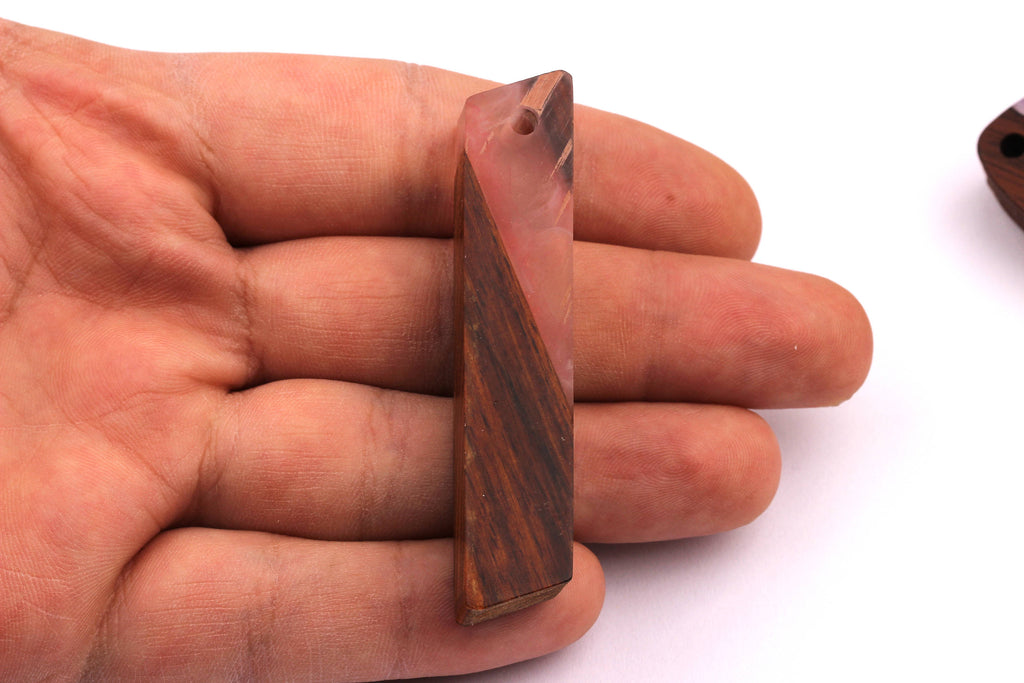 Wood Resin Pendant - Natural Mahogany Wooden Charms - Pink Epoxy Resin Necklace - Parallelogram Shaped - Wooden Beads - 63x13x10mm - BB1032P - DOMEDBAZAAR