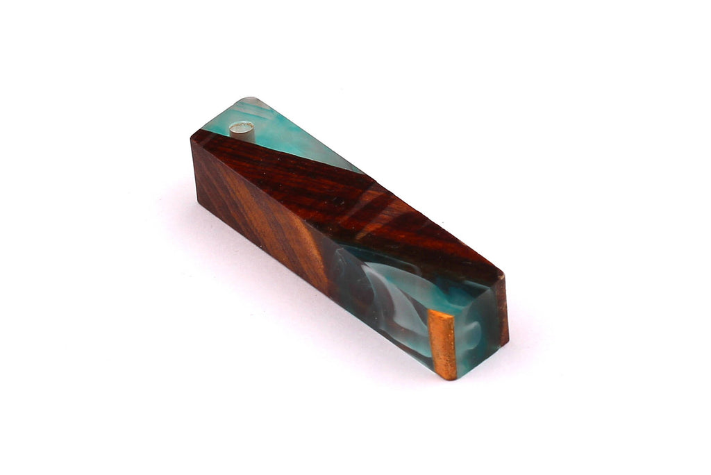 Wood Resin Pendant - Natural Mahogany Wooden Charms - Turquoise Epoxy Resin Necklace - Parallelogram Shaped - Wooden Beads - 63x10mm-BB1032T - DOMEDBAZAAR