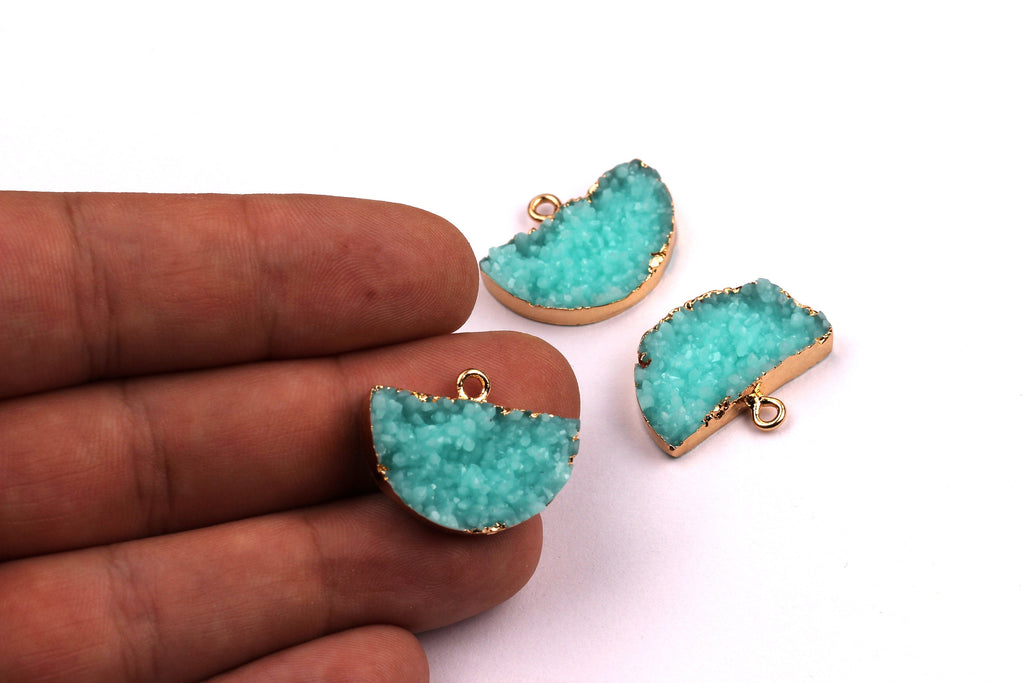 Druzy Earring Charms - Shiny Blue Resin Copper Earrings - Semicircle Shaped Pendant - Earring Findings - 24x14x5.5mm - RC1001SB - DOMEDBAZAAR