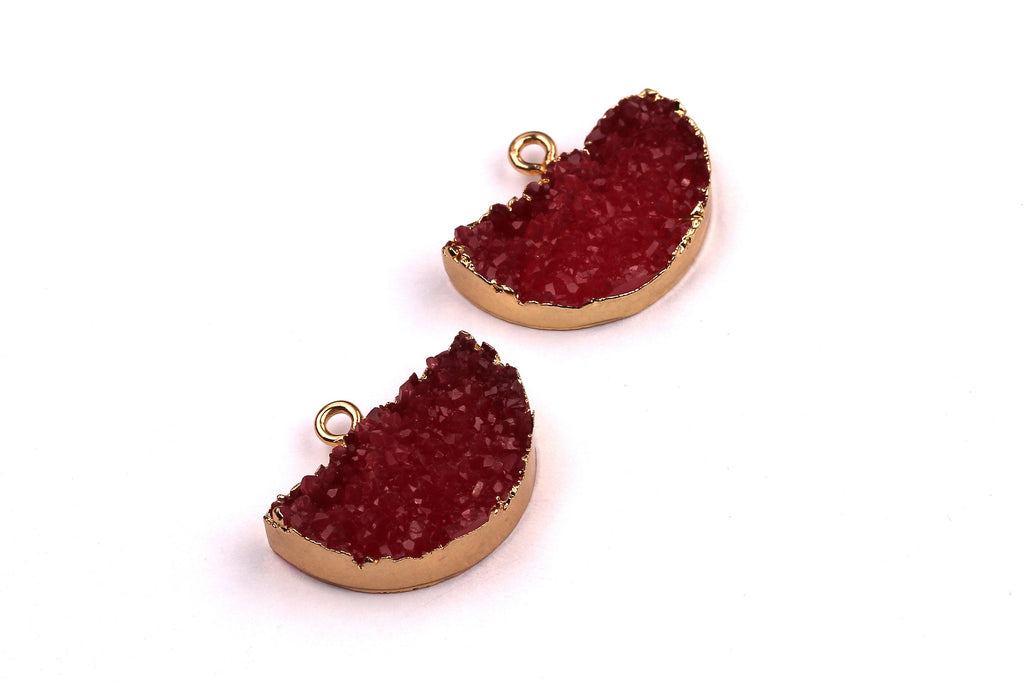Druzy Earring Charms - Dark Pink Resin Copper Earrings - Semicircle Shaped Pendant - Earring Findings - 24x14x5.5mm - RC1001P - DOMEDBAZAAR