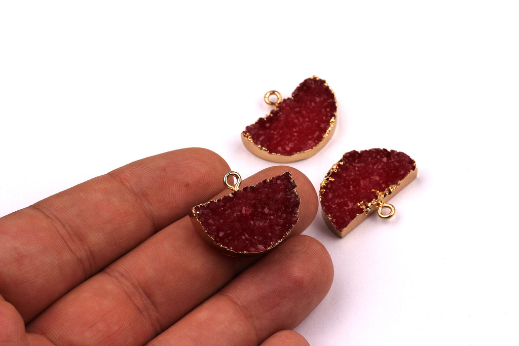 Druzy Earring Charms - Dark Pink Resin Copper Earrings - Semicircle Shaped Pendant - Earring Findings - 24x14x5.5mm - RC1001P - DOMEDBAZAAR