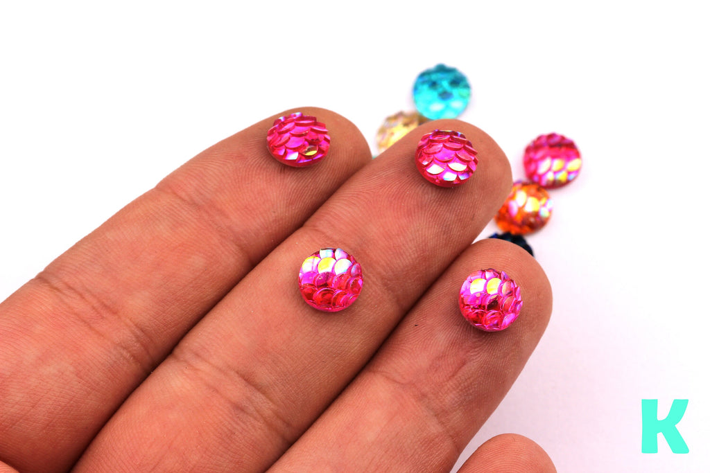 Mermaid Cabochons - Iridescent Fishscale Cabochons - Pink Cabochons - Fish Scale - Jewelry Supplies - 8mm - CB1001K - DOMEDBAZAAR