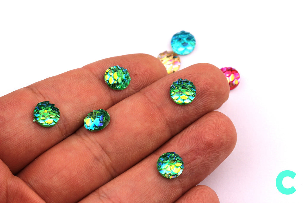 Mermaid Cabochons - Iridescent Fishscale Cabochons - Green Cabochons - Fish Scale - Jewelry Supplies - 10mm - CB1002C - DOMEDBAZAAR