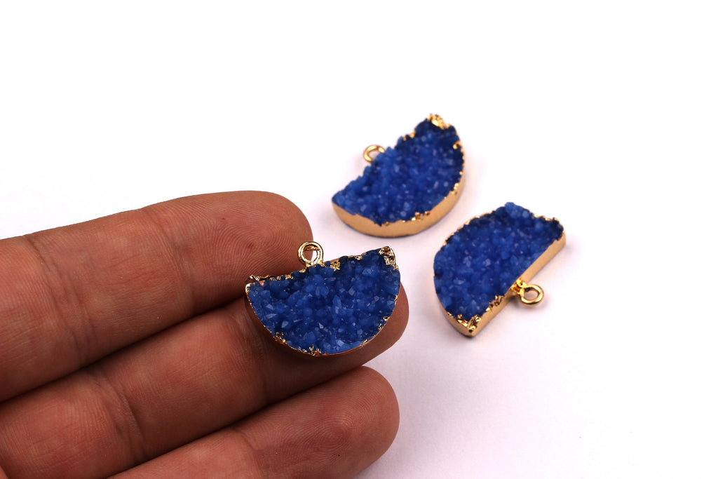 Druzy Earring Charms - Blue Resin Copper Earrings - Semicircle Shaped Pendant - Earring Findings - 24x14x5.5mm - RC1001B - DOMEDBAZAAR