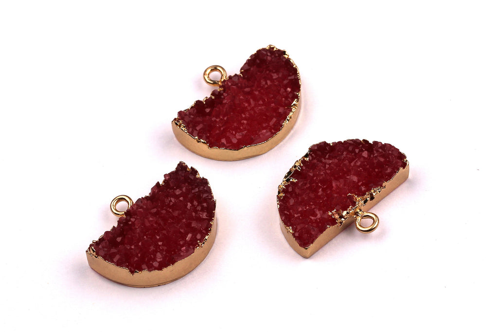 Druzy Earring Charms - Dark Pink Resin Copper Earrings - Semicircle Shaped Pendant - Earring Findings - 24x14x5.5mm - RC1001P - DOMEDBAZAAR