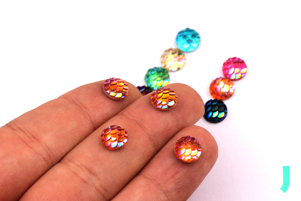 Mermaid Cabochons - Iridescent Fishscale Cabochons - Orange Cabochons - Fish Scale - Jewelry Supplies - 10mm - CB1002J - DOMEDBAZAAR
