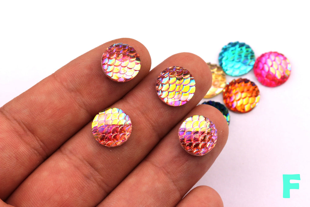 Mermaid Cabochons - Iridescent Fishscale Cabochons - Orange Cabochons - Fish Scale - Jewelry Supplies - 12mm - CB1003F - DOMEDBAZAAR