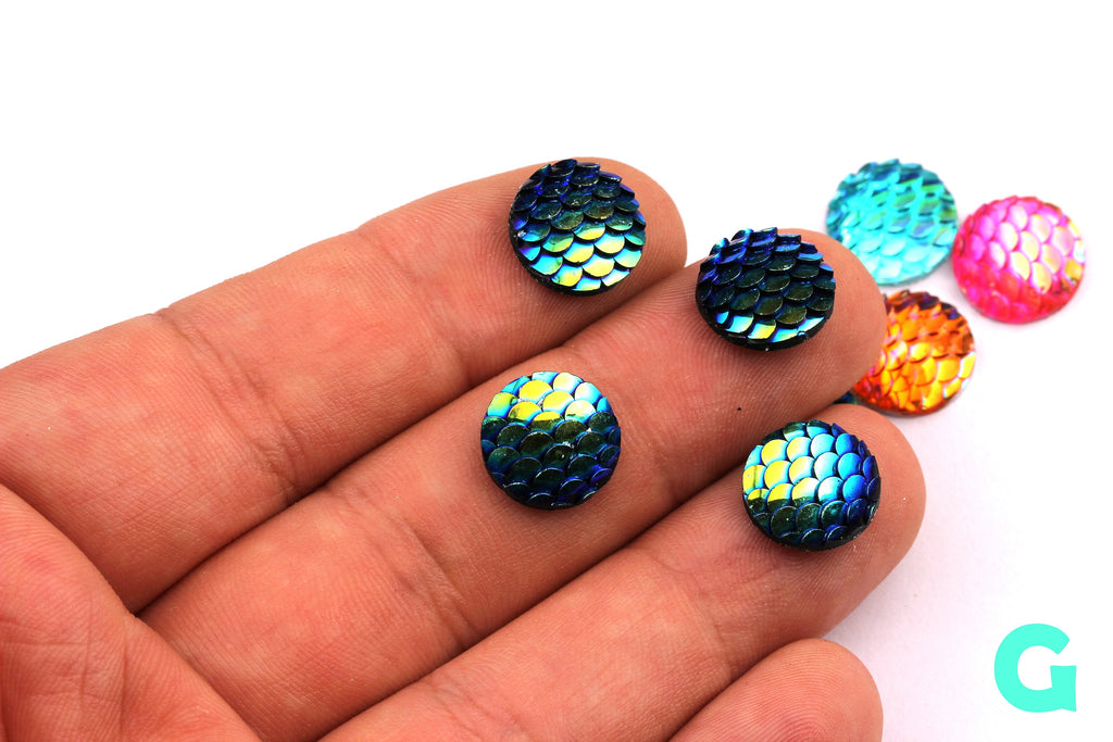 Mermaid Cabochons - Iridescent Fishscale Cabochons - Dark Blue Cabochons - Fish Scale - Jewelry Supplies - 12mm - CB1003G - DOMEDBAZAAR