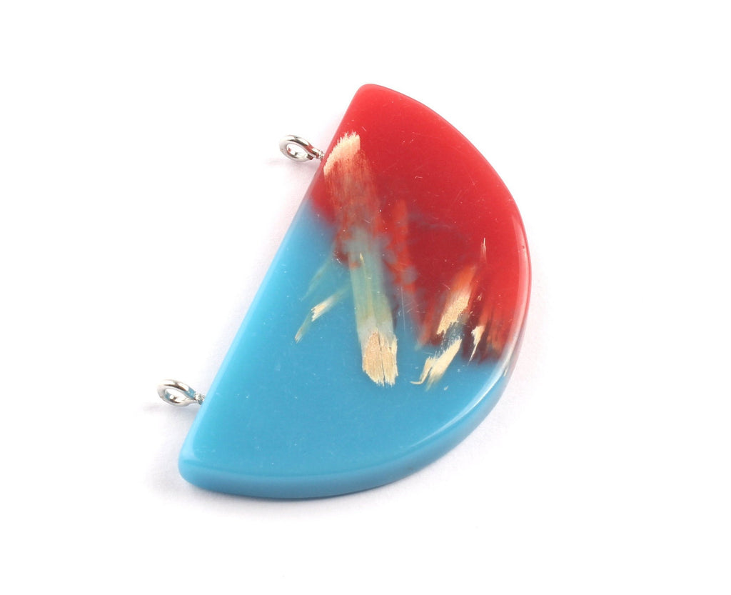Epoxy Oak Bark Wood Pendant - Half Circle Shaped Oak Bark Epoxy - Blue and Red Mix Epoxy Pendant -31.2x51.1x4.65mm - BB1040A - DOMEDBAZAAR