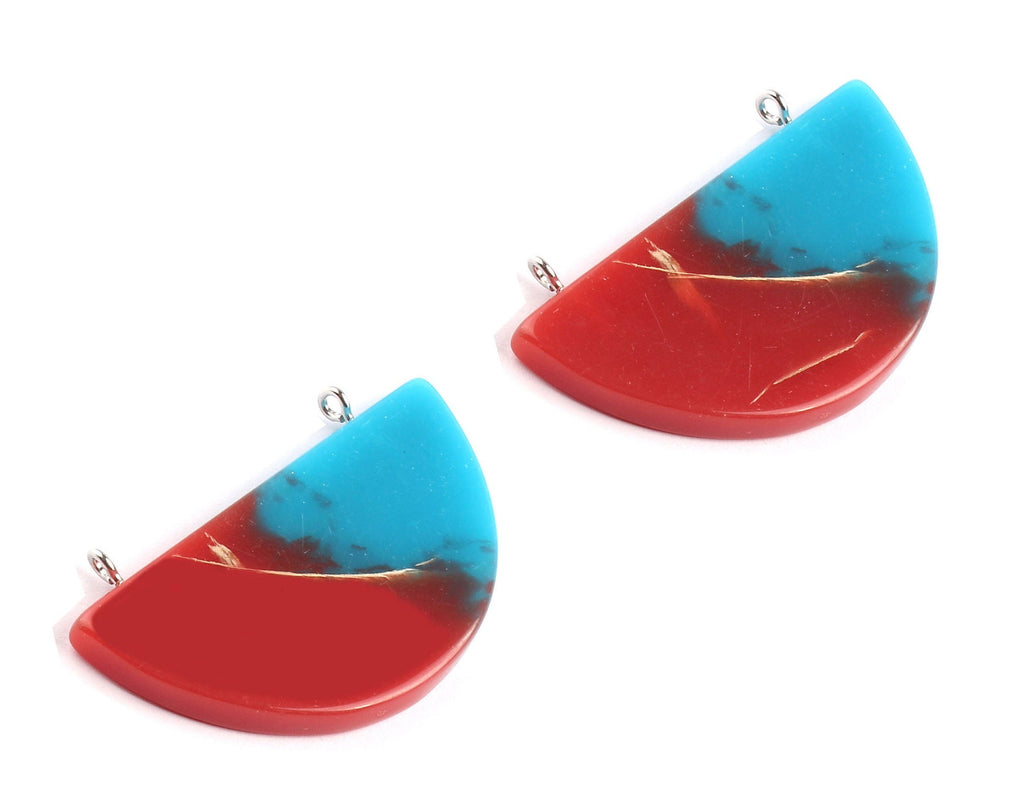 Epoxy Oak Bark Wood Pendant - Half Circle Shaped Oak Bark Epoxy - Blue and Red Mix Epoxy Pendant -31.2x51.1x4.65mm - BB1040A - DOMEDBAZAAR