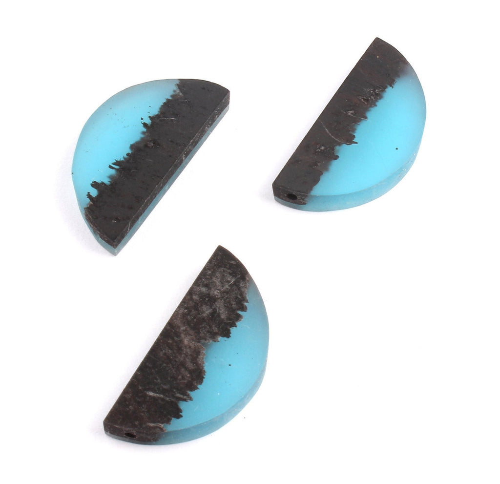 Epoxy Ebony Wood Pendant - Resin&Wood Semicircle Pendant - Blue Brown Half Moon Pendant with 2 Holes  - 15.7x31.8x5.67mm - BB1051A - DOMEDBAZAAR