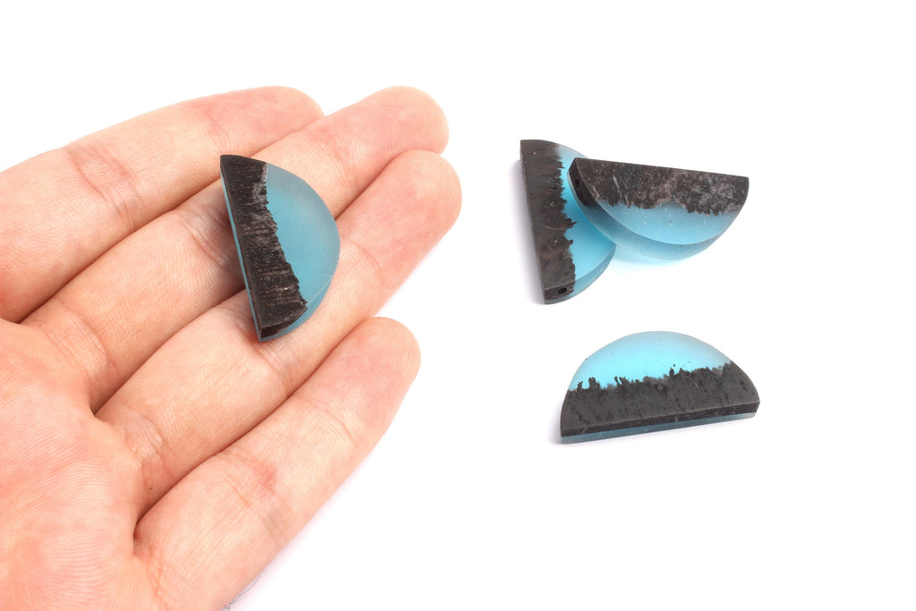 Epoxy Ebony Wood Pendant - Resin&Wood Semicircle Pendant - Blue Brown Half Moon Pendant with 2 Holes  - 15.7x31.8x5.67mm - BB1051A - DOMEDBAZAAR