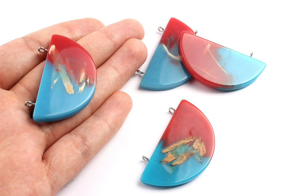 Epoxy Oak Bark Wood Pendant - Half Circle Shaped Oak Bark Epoxy - Blue and Red Mix Epoxy Pendant -31.2x51.1x4.65mm - BB1040A - DOMEDBAZAAR