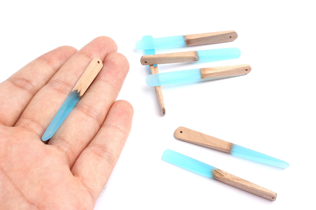 Epoxy Cherry Wood Pendant - Light Blue Stick Shaped Epoxy Pendant - Cherry Wood Pendant for Necklace and Earrings- 62x7.95x4mm - BB1050A - DOMEDBAZAAR