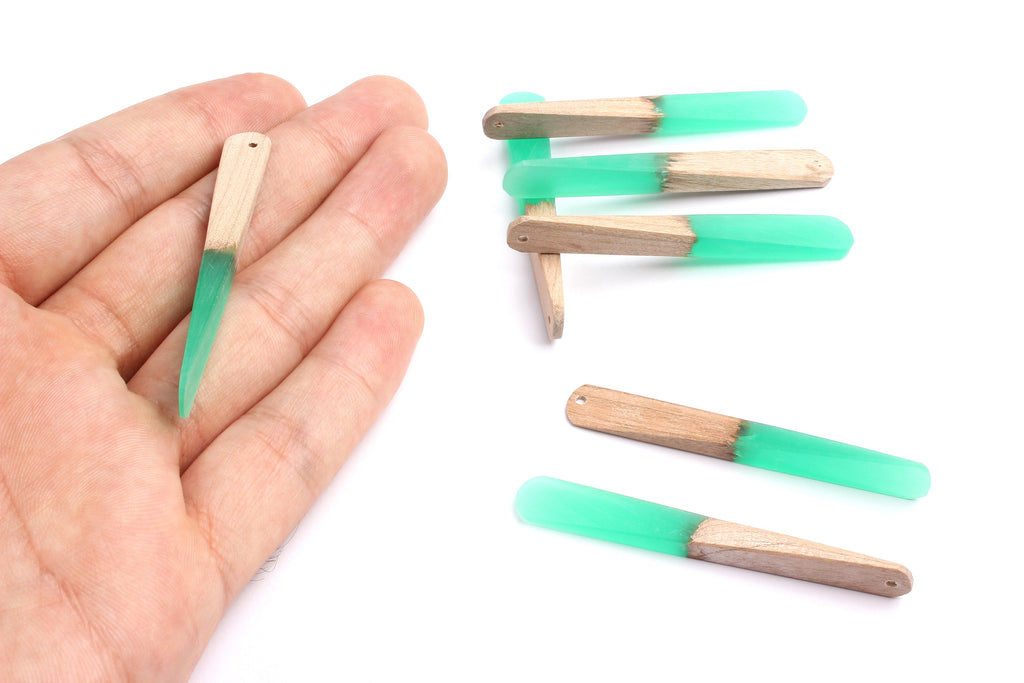 Epoxy Cherry Wood Pendant - Green Stick Shaped Epoxy Pendant - Cherry Wood Pendant for Necklace and Earrings- 62x7.95x4mm - BB1050B - DOMEDBAZAAR