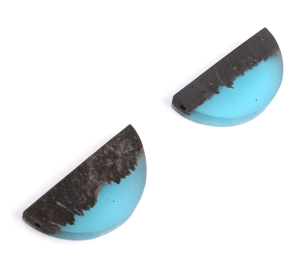Epoxy Ebony Wood Pendant - Resin&Wood Semicircle Pendant - Blue Brown Half Moon Pendant with 2 Holes  - 15.7x31.8x5.67mm - BB1051A - DOMEDBAZAAR