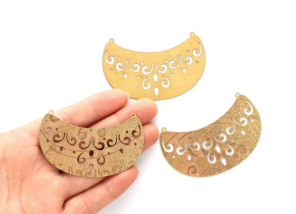 Raw Brass Semicircle Shaped Brass Necklace Charms - Hallow Out Necklace Charms - Jewelry Supplies - 41x63.2x0.3mm - JJA3928 - DOMEDBAZAAR
