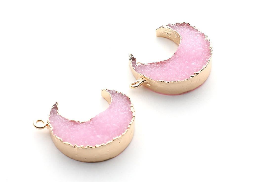 Druzy Earring Charms - Pink Resin Copper Earrings for Right Side - Big Moon Shaped Pendant  - 30.42x22.96x8.36mm - RC1002A - DOMEDBAZAAR