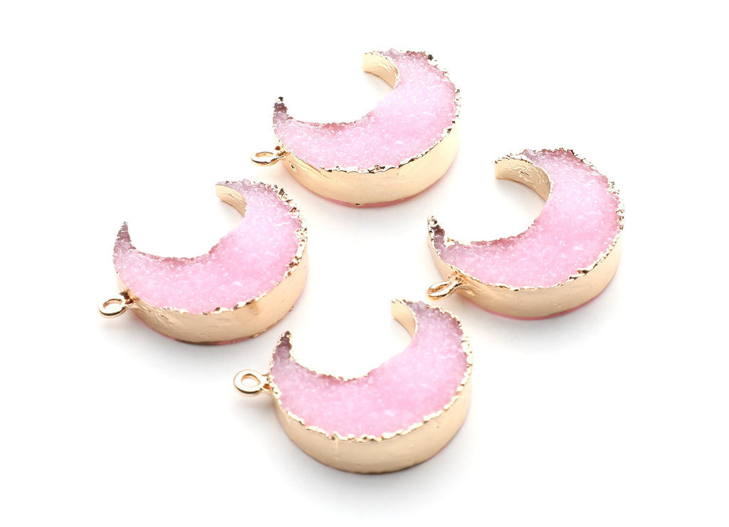 Druzy Earring Charms - Pink Resin Copper Earrings for Right Side - Big Moon Shaped Pendant  - 30.42x22.96x8.36mm - RC1002A - DOMEDBAZAAR