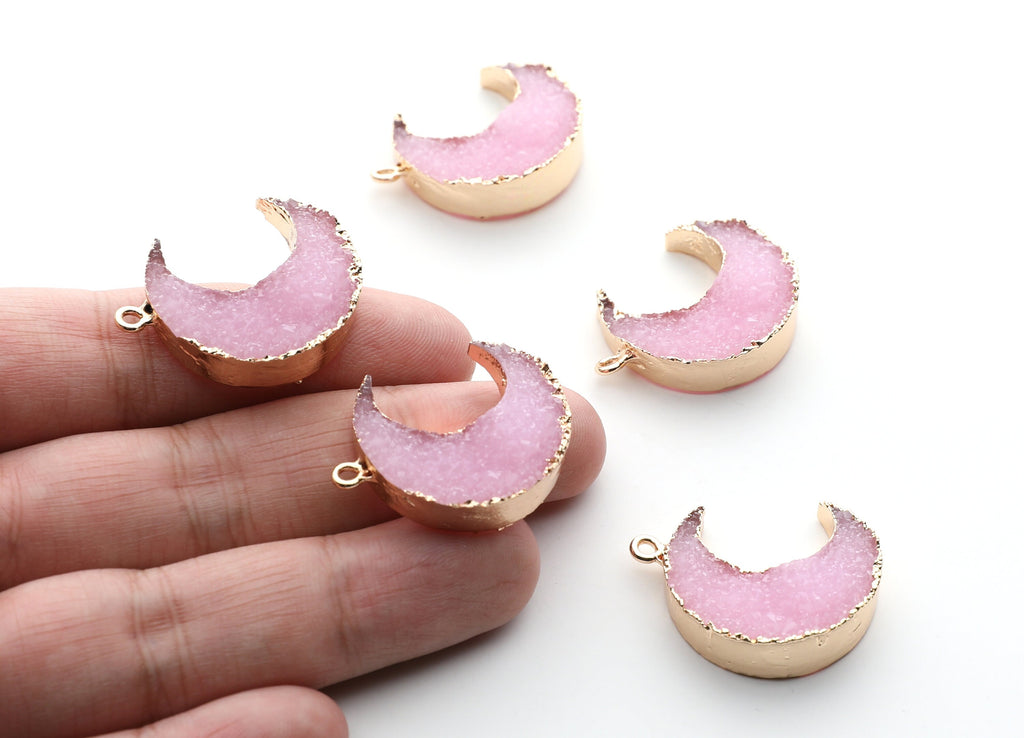 Druzy Earring Charms - Pink Resin Copper Earrings for Right Side - Big Moon Shaped Pendant  - 30.42x22.96x8.36mm - RC1002A - DOMEDBAZAAR