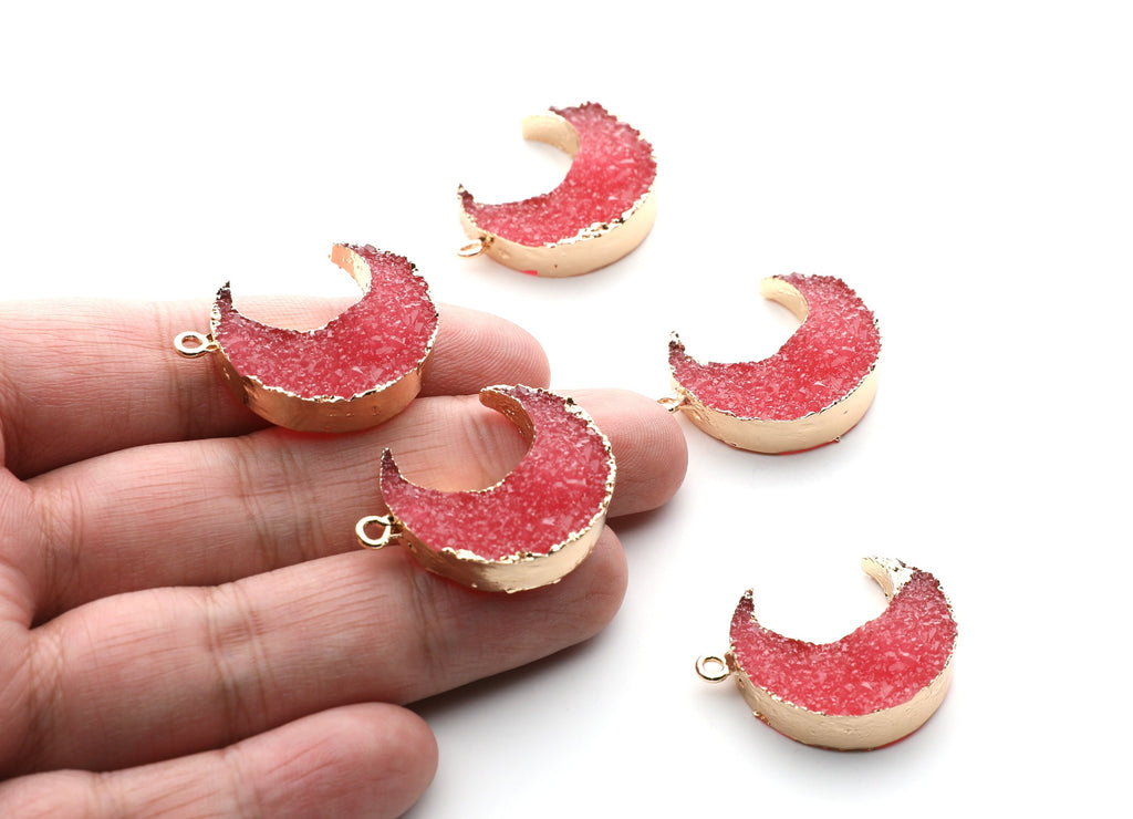 Druzy Earring Charms - Red Resin Copper Earrings for Right Side - Big Moon Shaped Pendant  - 30.42x22.96x8.36mm - RC1002B - DOMEDBAZAAR