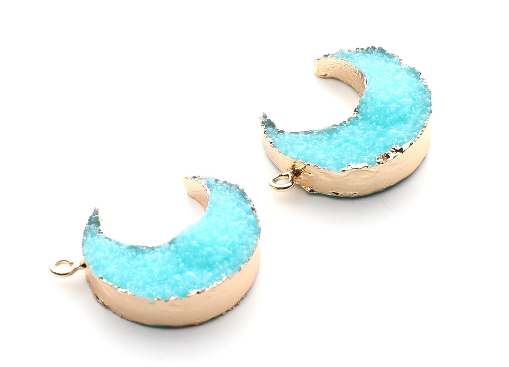 Druzy Earring Charms - Light Blue Resin Copper Earrings for Right Side - Big Moon Shaped Pendant  - 30.42x22.96x8.36mm - RC1002E - DOMEDBAZAAR