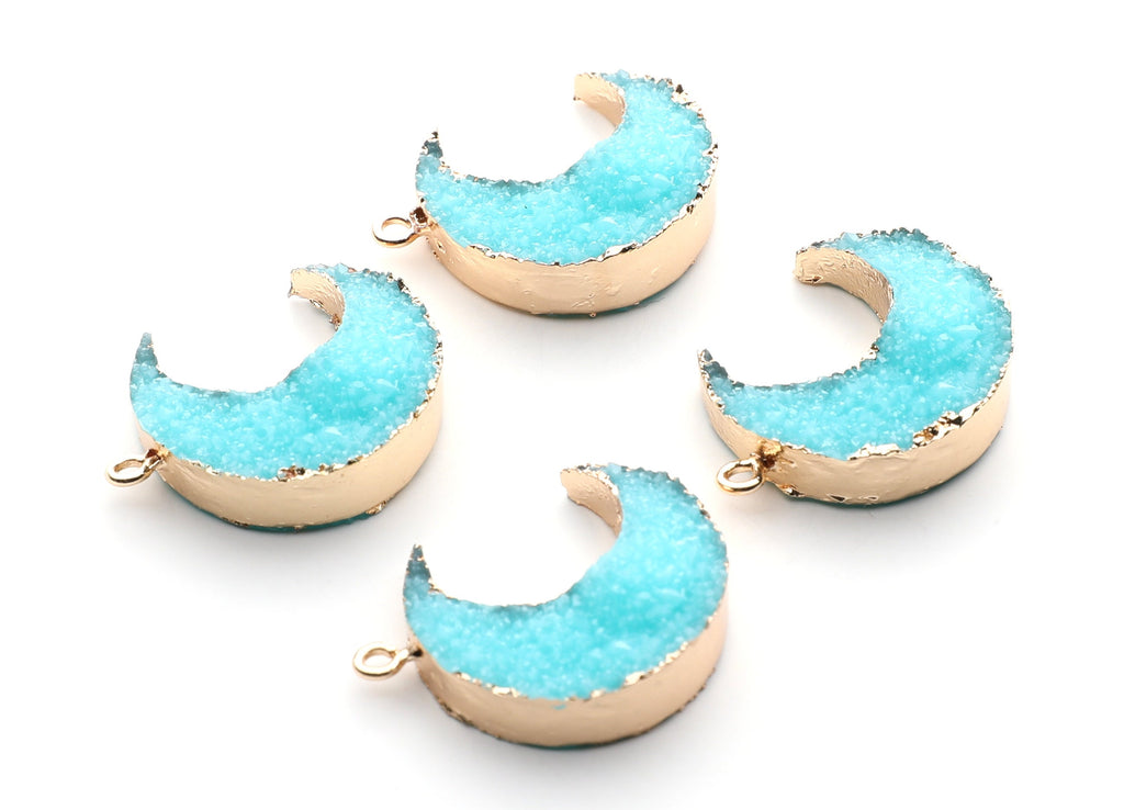 Druzy Earring Charms - Light Blue Resin Copper Earrings for Right Side - Big Moon Shaped Pendant  - 30.42x22.96x8.36mm - RC1002E - DOMEDBAZAAR