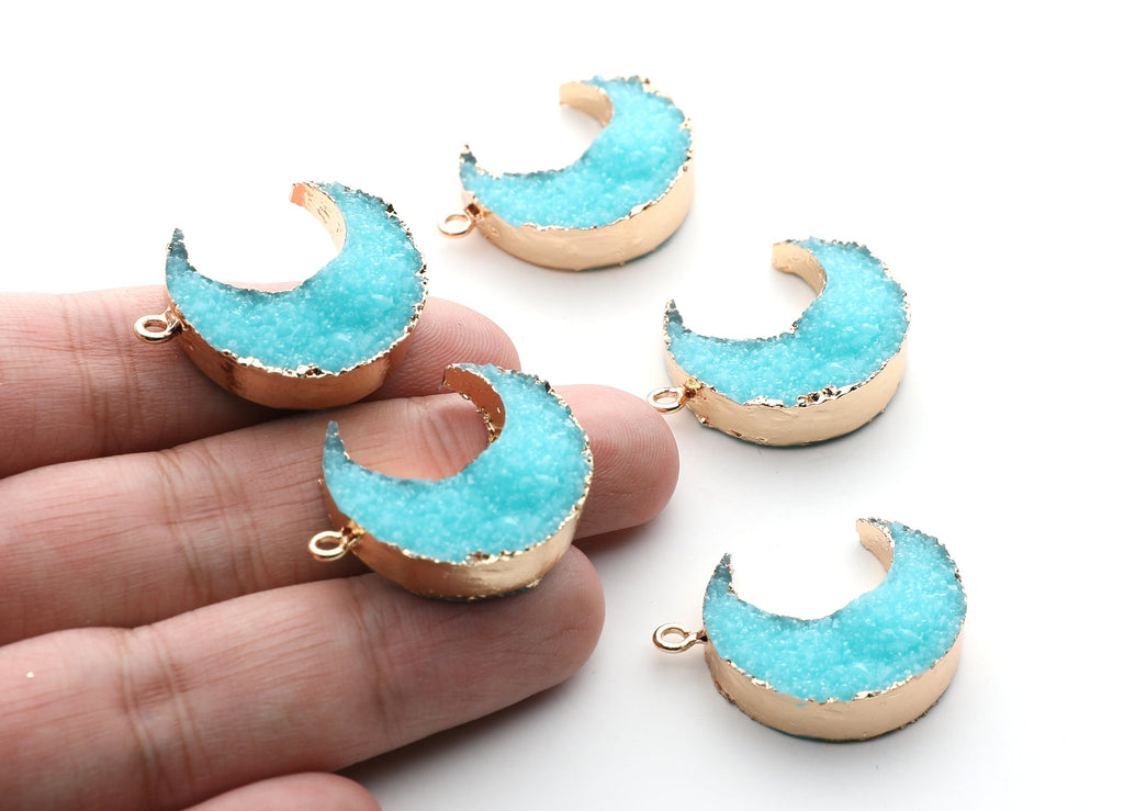 Druzy Earring Charms - Light Blue Resin Copper Earrings for Right Side - Big Moon Shaped Pendant  - 30.42x22.96x8.36mm - RC1002E - DOMEDBAZAAR