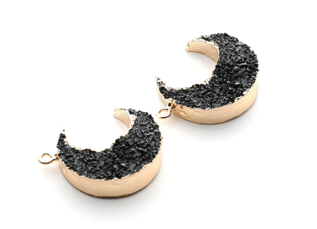 Druzy Earring Charms - Black Resin Copper Earrings for Right Side - Big Moon Shaped Pendant  - 30.42x22.96x8.36mm - RC1002K - DOMEDBAZAAR