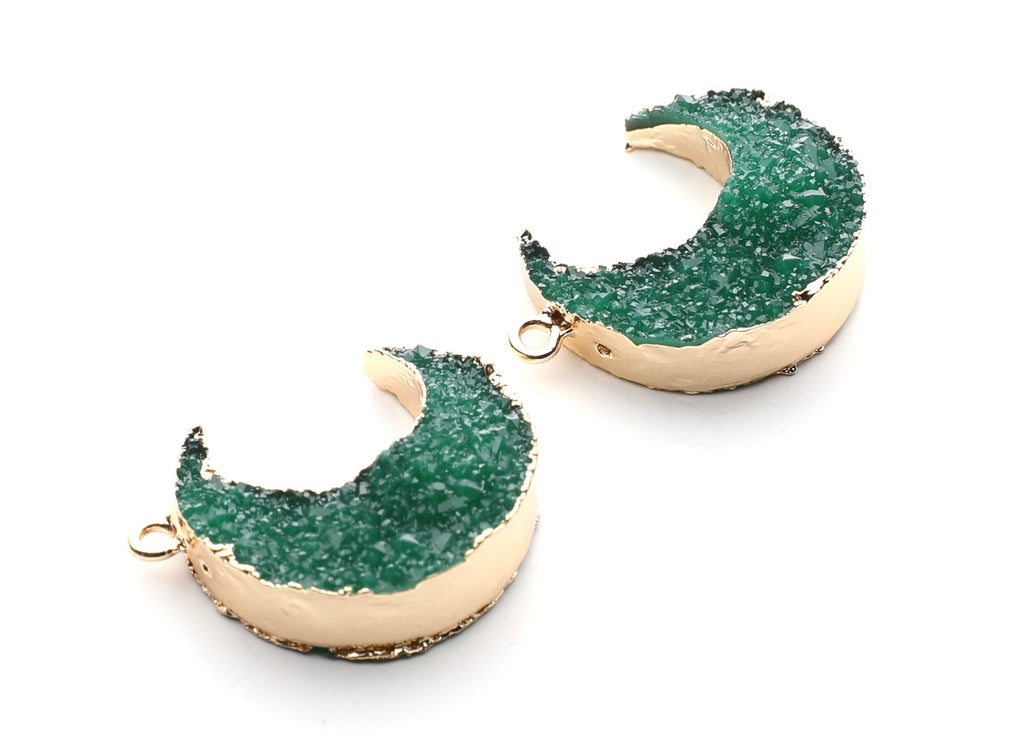 Druzy Earring Charms - Green Resin Copper Earrings for Right Side - Big Moon Shaped Pendant  - 30.42x22.96x8.36mm - RC1002P - DOMEDBAZAAR