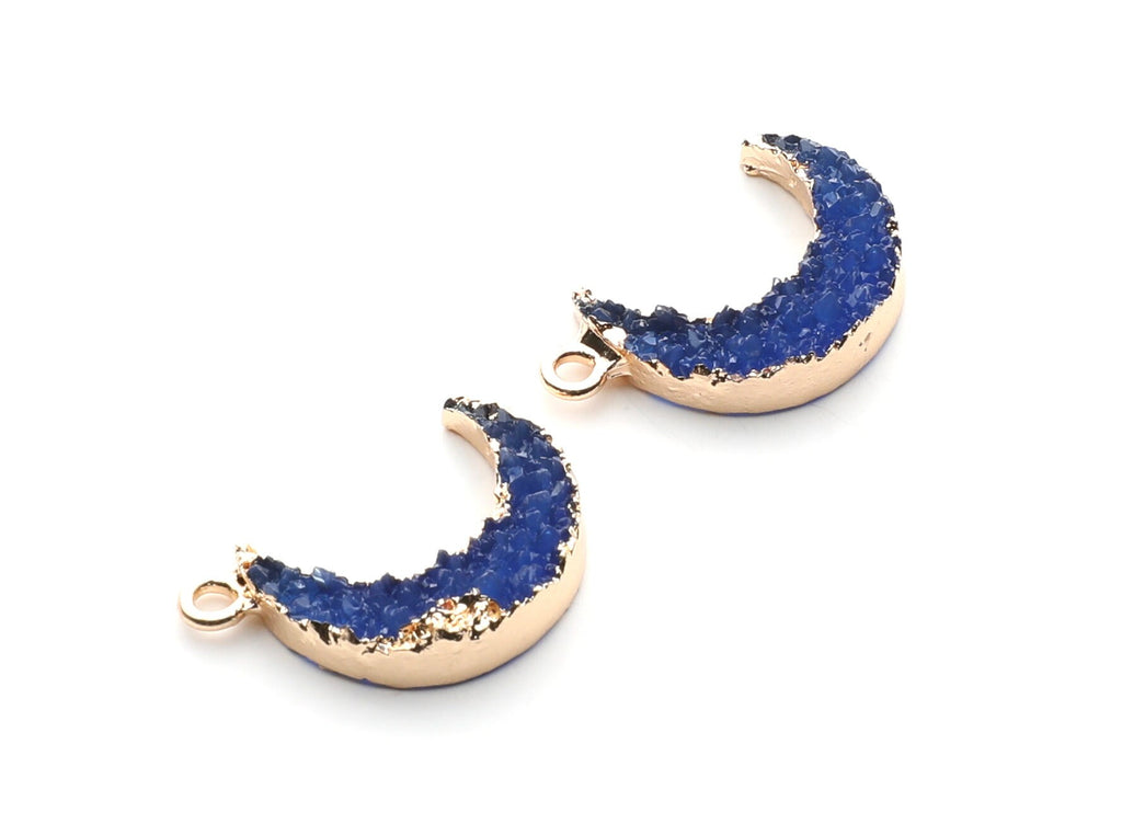 Druzy Earring Charms - Dark Blue Resin Copper Earrings for Right Side - Moon Shaped Pendant  - 24.34x15.92x5.14mm - RC1007B - DOMEDBAZAAR