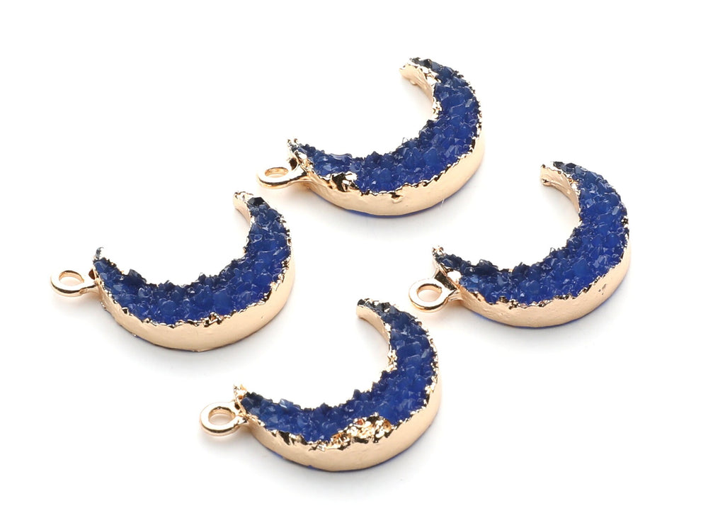 Druzy Earring Charms - Dark Blue Resin Copper Earrings for Right Side - Moon Shaped Pendant  - 24.34x15.92x5.14mm - RC1007B - DOMEDBAZAAR