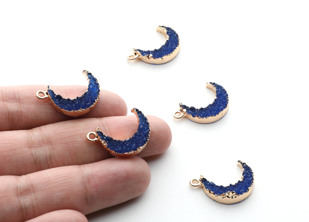 Druzy Earring Charms - Dark Blue Resin Copper Earrings for Right Side - Moon Shaped Pendant  - 24.34x15.92x5.14mm - RC1007B - DOMEDBAZAAR