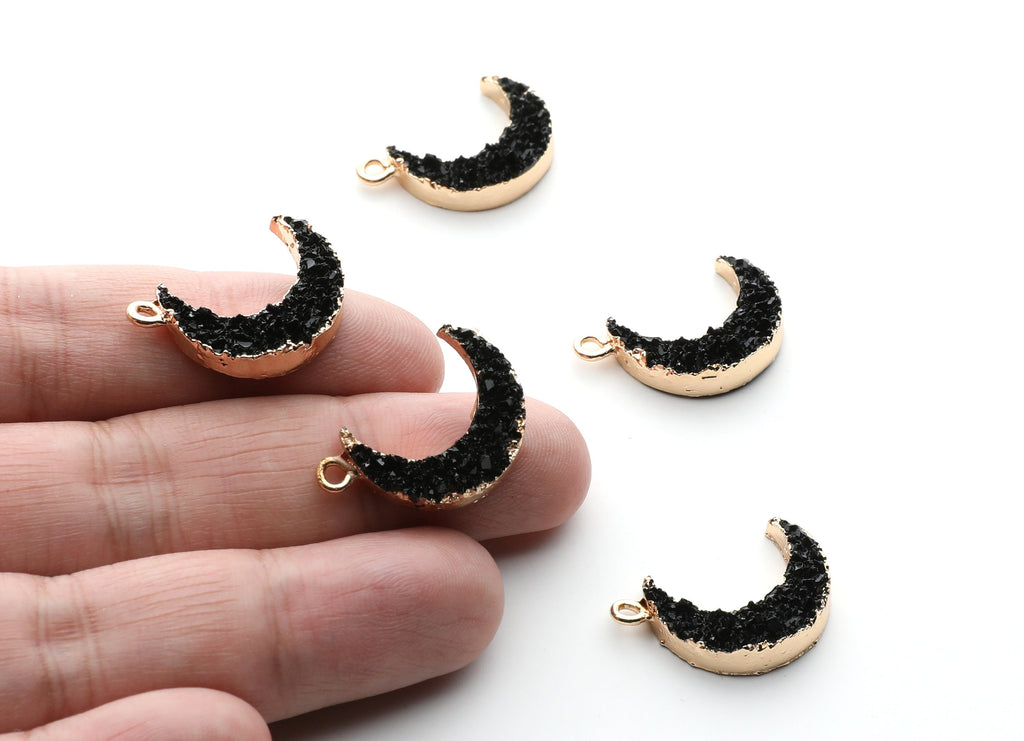 Druzy Earring Charms - Black Resin Copper Earrings for Right Side - Moon Shaped Pendant  - 24.34x15.92x5.14mm - RC1007M - DOMEDBAZAAR