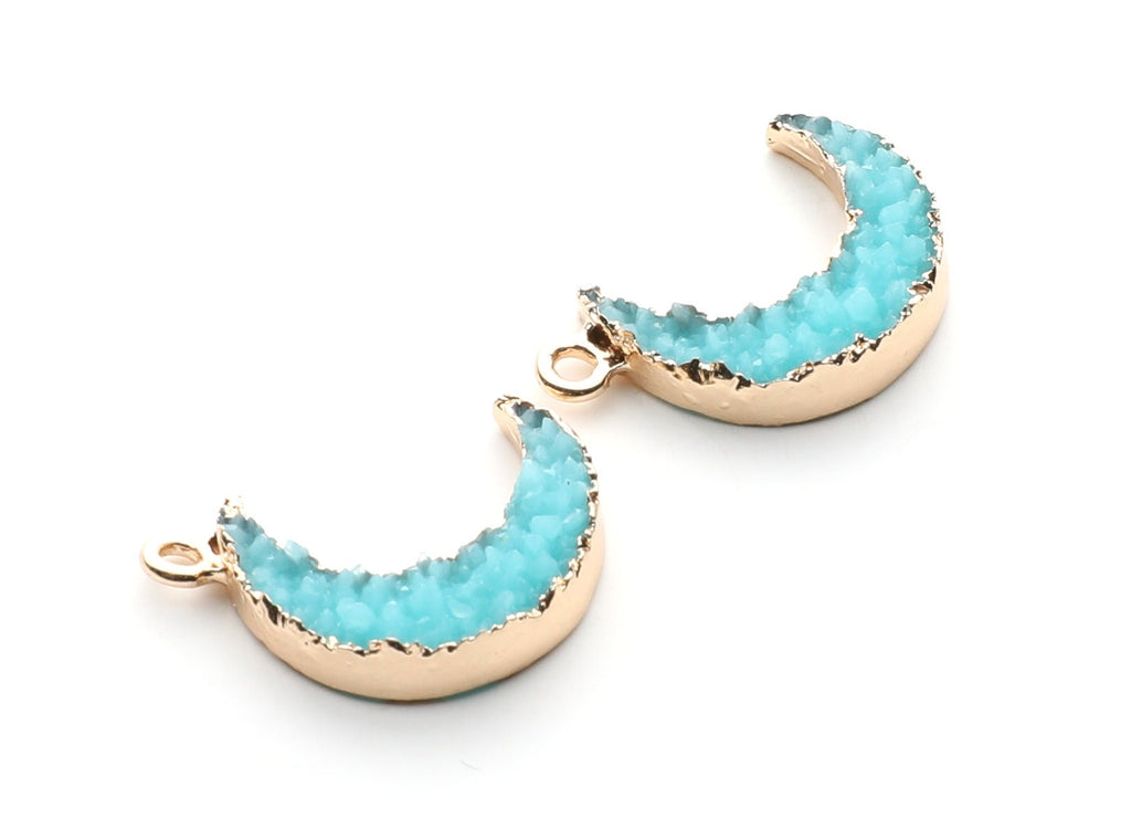 Druzy Earring Charms - Light Blue Resin Copper Earrings for Right Side - Moon Shaped Pendant  - 24.34x15.92x5.14mm - RC1007P - DOMEDBAZAAR