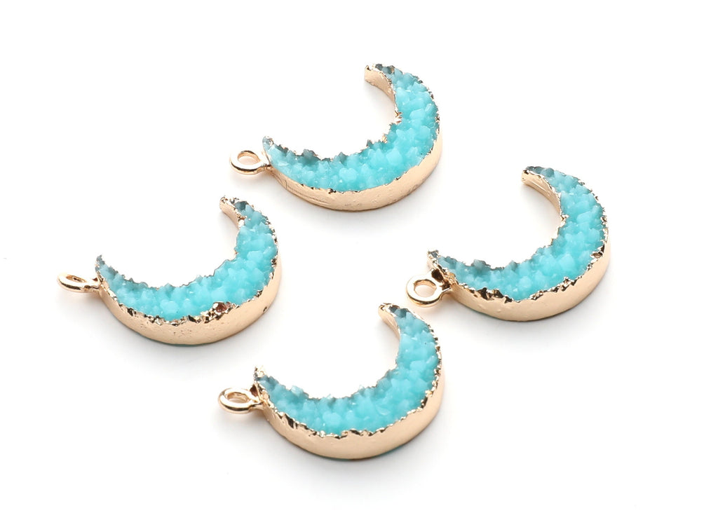 Druzy Earring Charms - Light Blue Resin Copper Earrings for Right Side - Moon Shaped Pendant  - 24.34x15.92x5.14mm - RC1007P - DOMEDBAZAAR