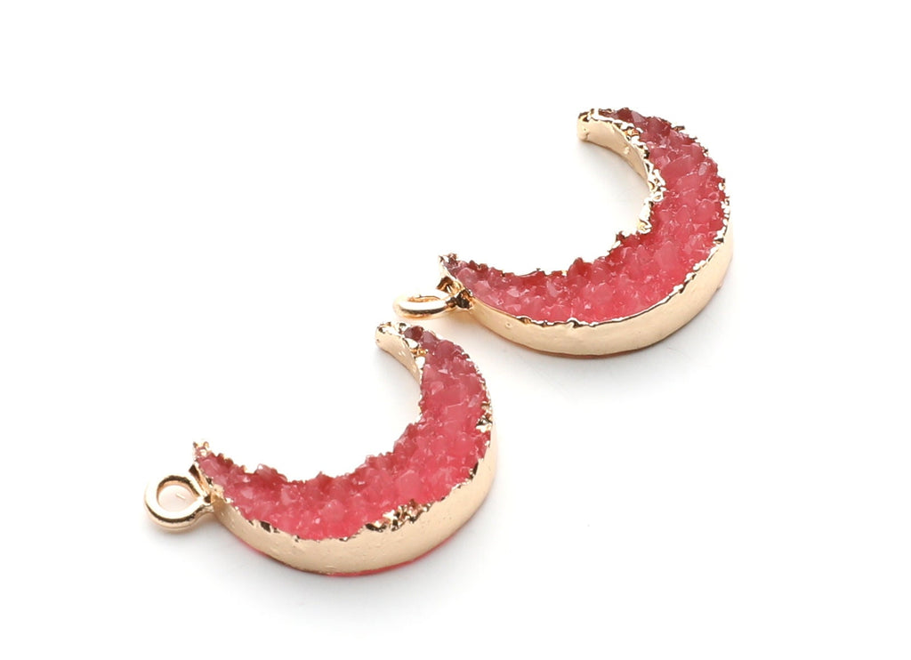 Druzy Earring Charms - Pink Resin Copper Earrings for Right Side - Moon Shaped Pendant  - 24.34x15.92x5.14mm - RC1007G - DOMEDBAZAAR