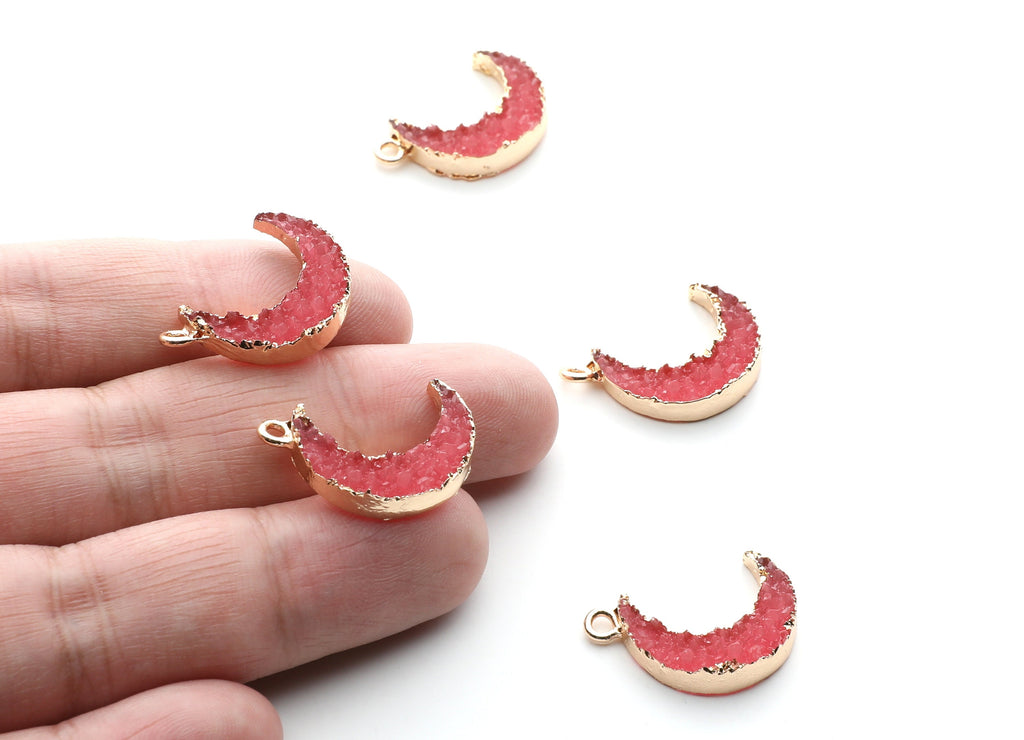 Druzy Earring Charms - Pink Resin Copper Earrings for Right Side - Moon Shaped Pendant  - 24.34x15.92x5.14mm - RC1007G - DOMEDBAZAAR