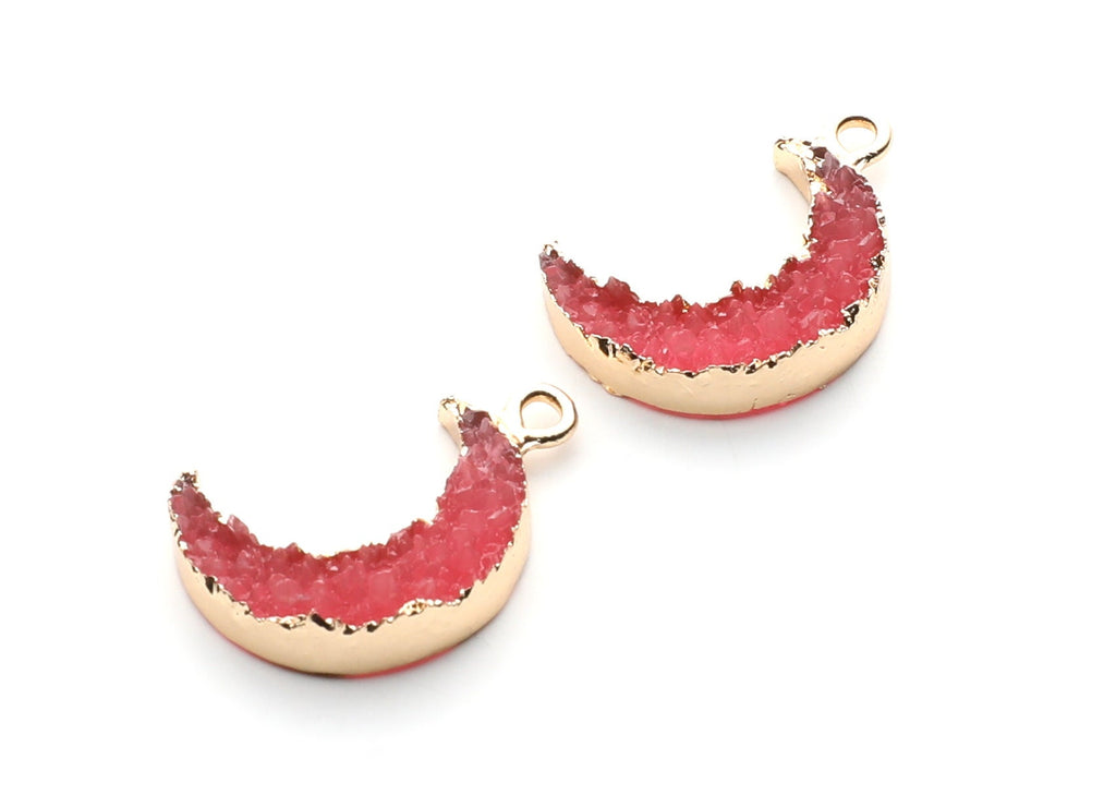 Druzy Earring Charms - Dark Pink Resin Copper Earrings for Left Side - Moon Shaped Pendant  - 23.5x15.6x5.27mm - RC1006O - DOMEDBAZAAR