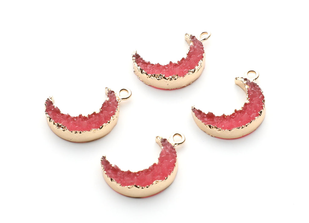 Druzy Earring Charms - Dark Pink Resin Copper Earrings for Left Side - Moon Shaped Pendant  - 23.5x15.6x5.27mm - RC1006O - DOMEDBAZAAR