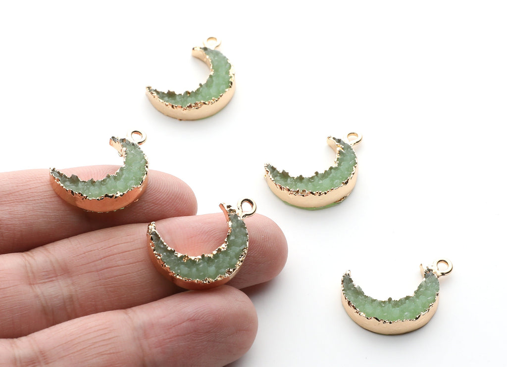 Druzy Earring Charms - Light Green Resin Copper Earrings for Left Side - Moon Shaped Pendant  - 23.5x15.6x5.27mm - RC1006J - DOMEDBAZAAR