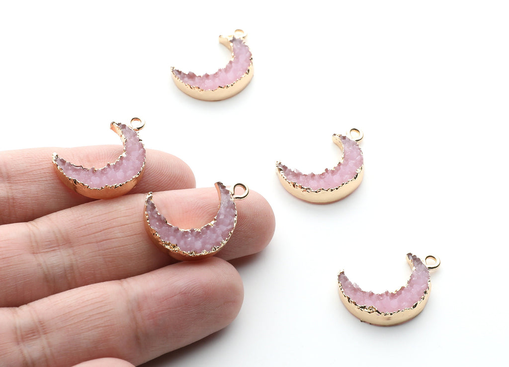 Druzy Earring Charms - Light Pink Resin Copper Earrings for Left Side - Moon Shaped Pendant  - 23.5x15.6x5.27mm - RC1006H - DOMEDBAZAAR