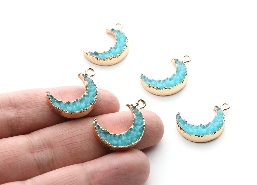 Druzy Earring Charms - Light Blue Resin Copper Earrings for Left Side - Moon Shaped Pendant  - 23.5x15.6x5.27mm - RC1006L - DOMEDBAZAAR