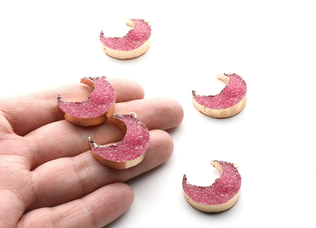 Druzy Earring Charms - Dark Pink Resin Copper Earrings for Left Side - Big Moon Shaped Pendant  - 30.42x22.96x8.36mm - RC1004B - DOMEDBAZAAR